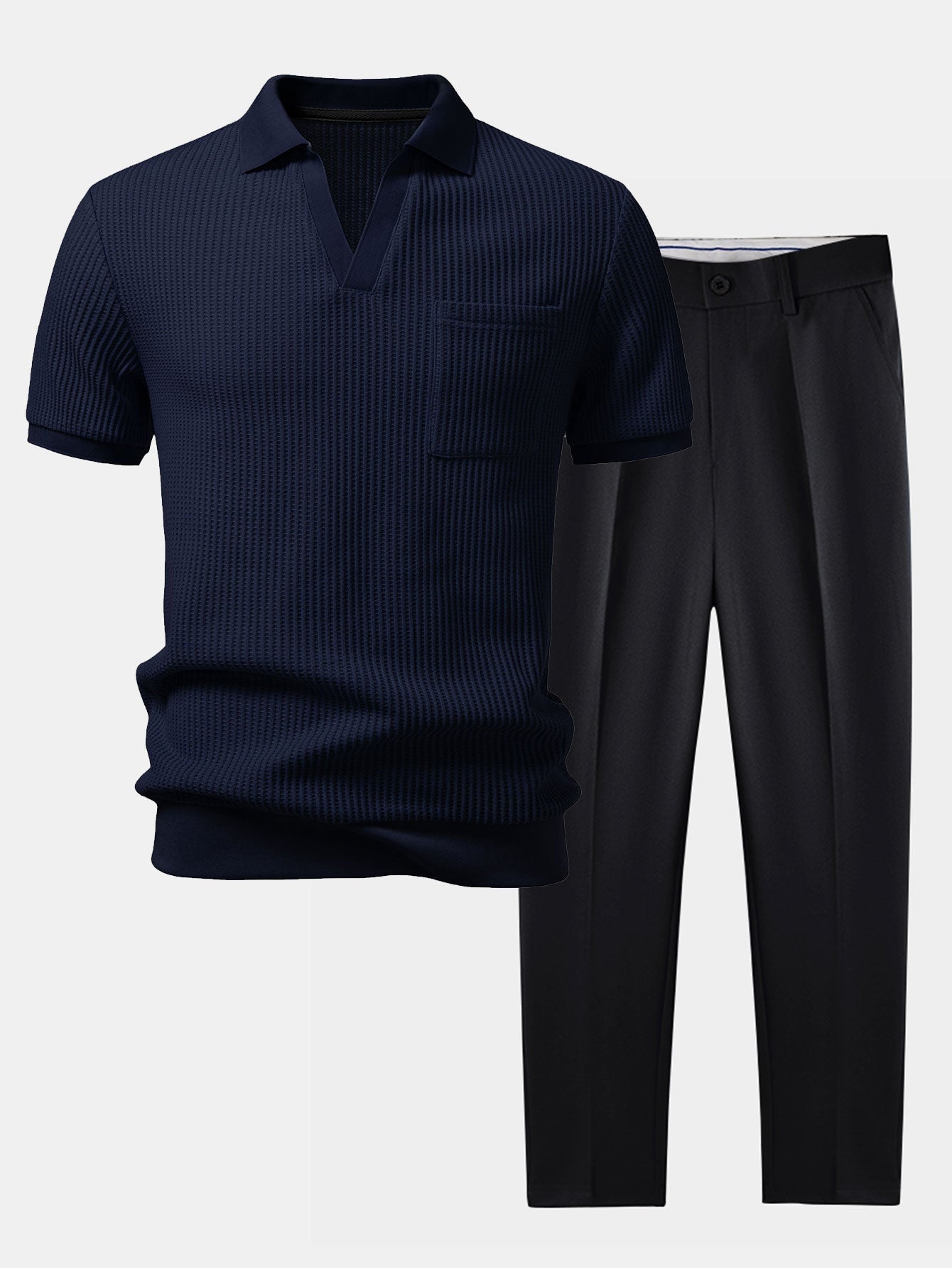 Celvorn | Matching Set Waffle Polo Slim Tapered Trousers