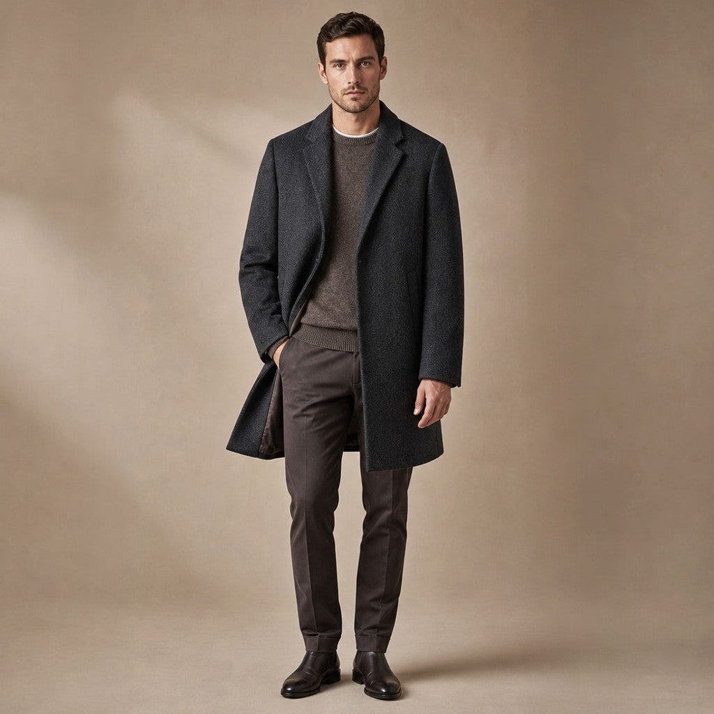 Charcoal mid-length wool coat with notch lapel and button front