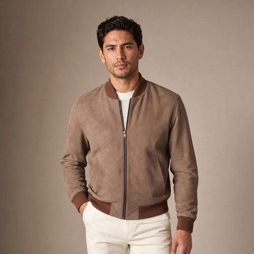Beige nubuck bomber jacket with ribbed collar, cuffs and hem