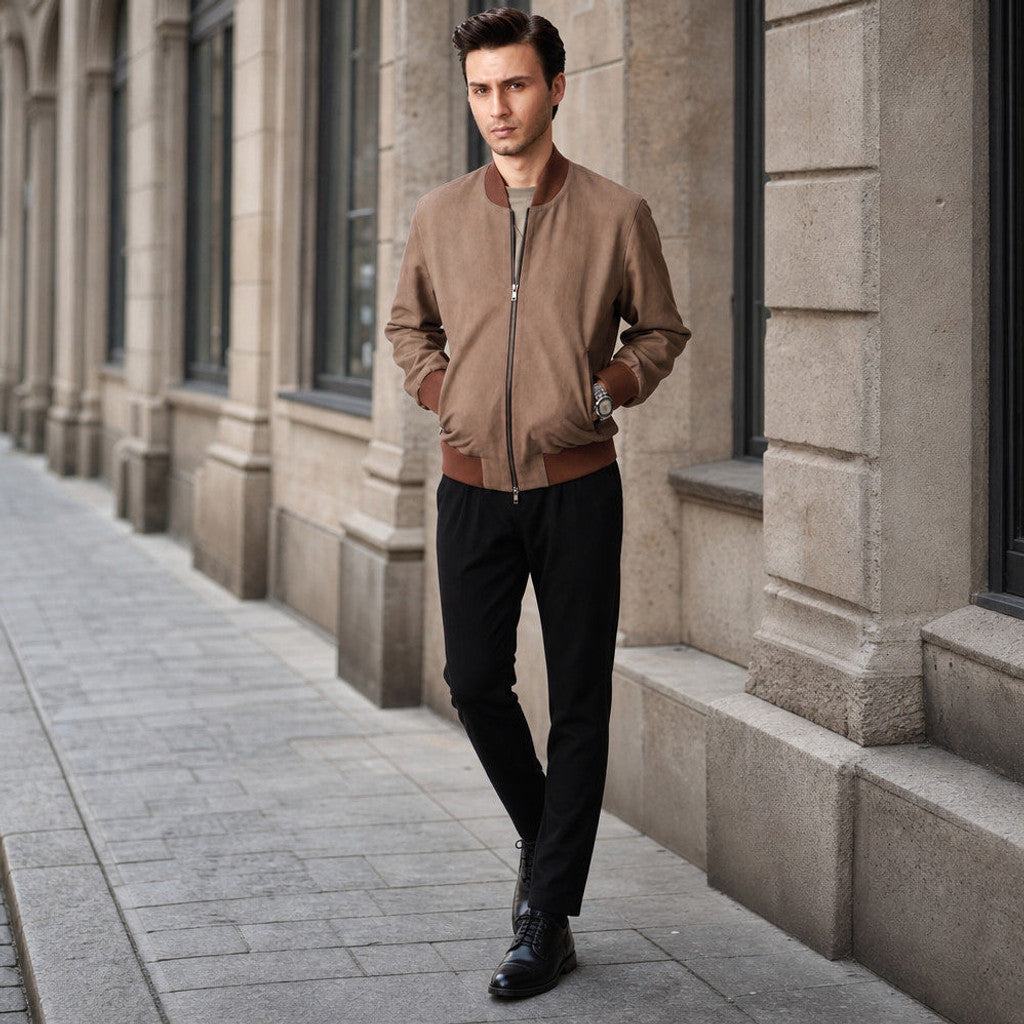 Alistair | Nubuck Bomber Jacket Ribbed Trim
