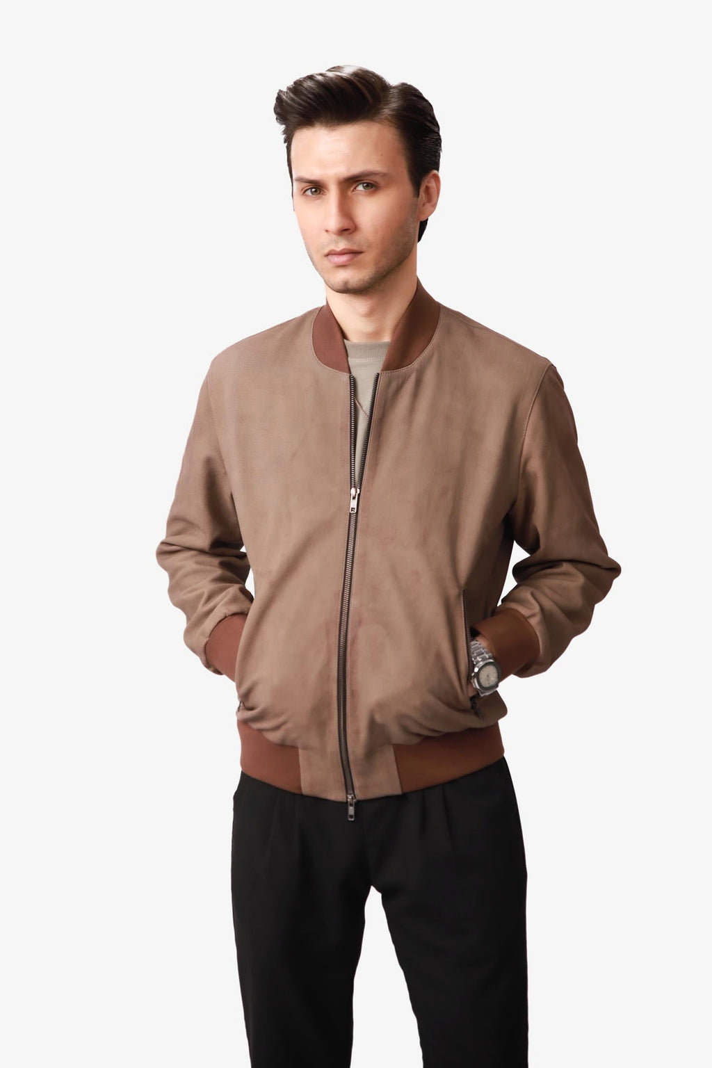 Alistair | Nubuck Bomber Jacket Ribbed Trim