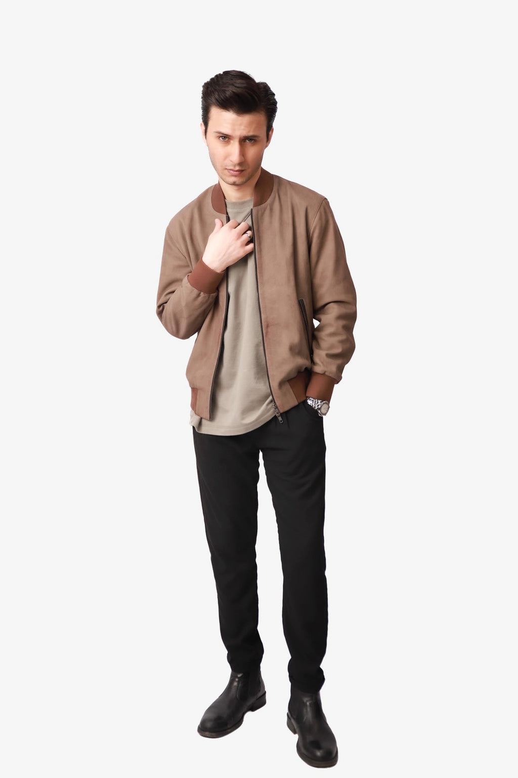 Alistair | Nubuck Bomber Jacket Ribbed Trim