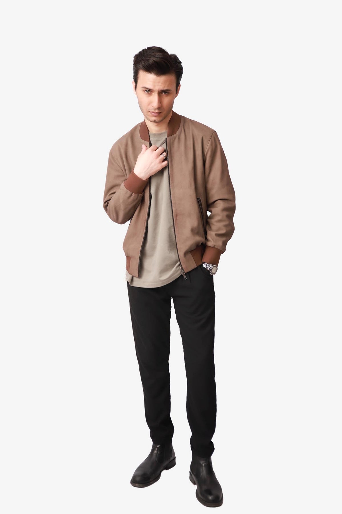 Alistair | Nubuck Bomber Jacket Ribbed Trim