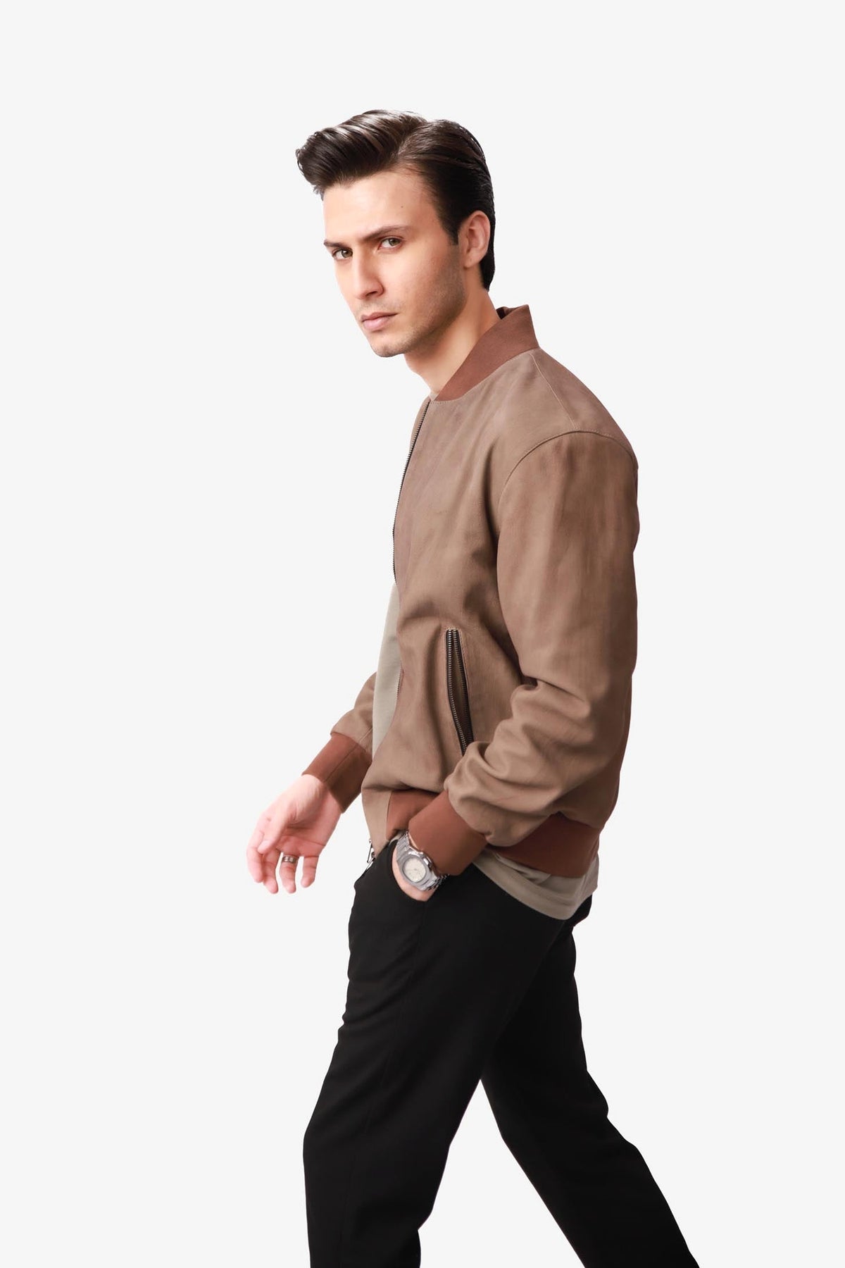 Alistair | Nubuck Bomber Jacket Ribbed Trim