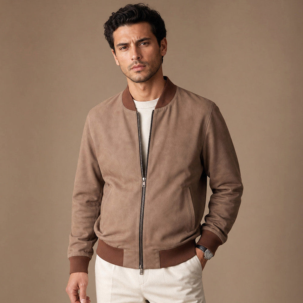 Man wearing a beige nubuck bomber jacket over a crewneck with dark denim