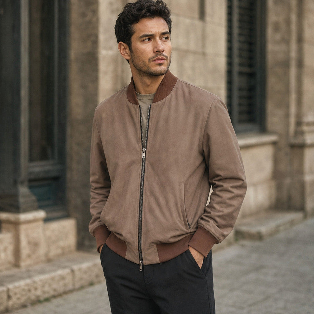 Alistair | Nubuck Bomber Jacket Ribbed Trim