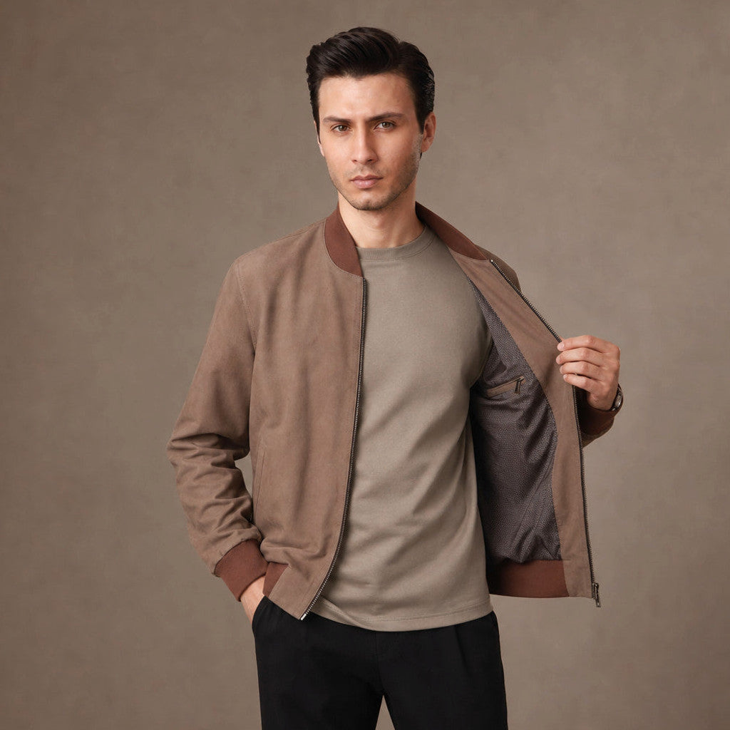 Alistair | Nubuck Bomber Jacket Ribbed Trim