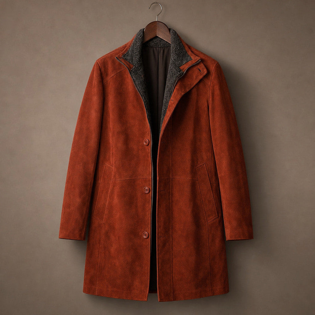 Man wearing rust brown fur-lined suede car coat over a roll neck