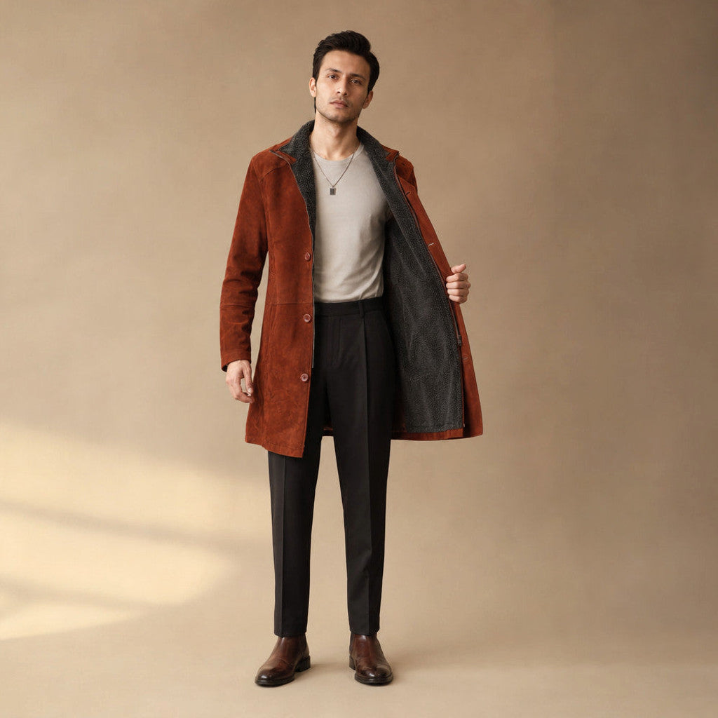 Alston | Suede Car Coat Fur-Lined Rust Brown