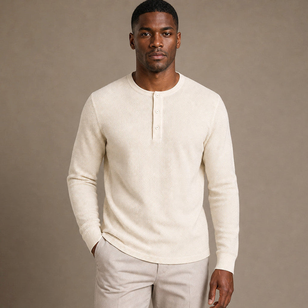Ivory waffle knit henley with three-button placket, front view