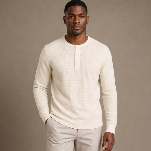 Ivory waffle knit henley with three-button placket, front view