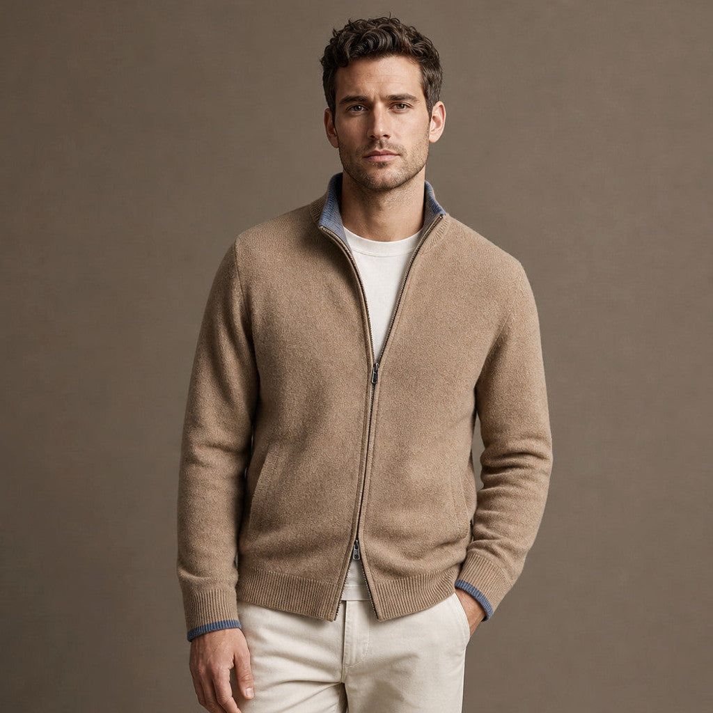 Camel merino zip jacket with ribbed stand collar, front view