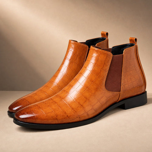 Cognac brown croc-embossed leather chelsea boot, side view