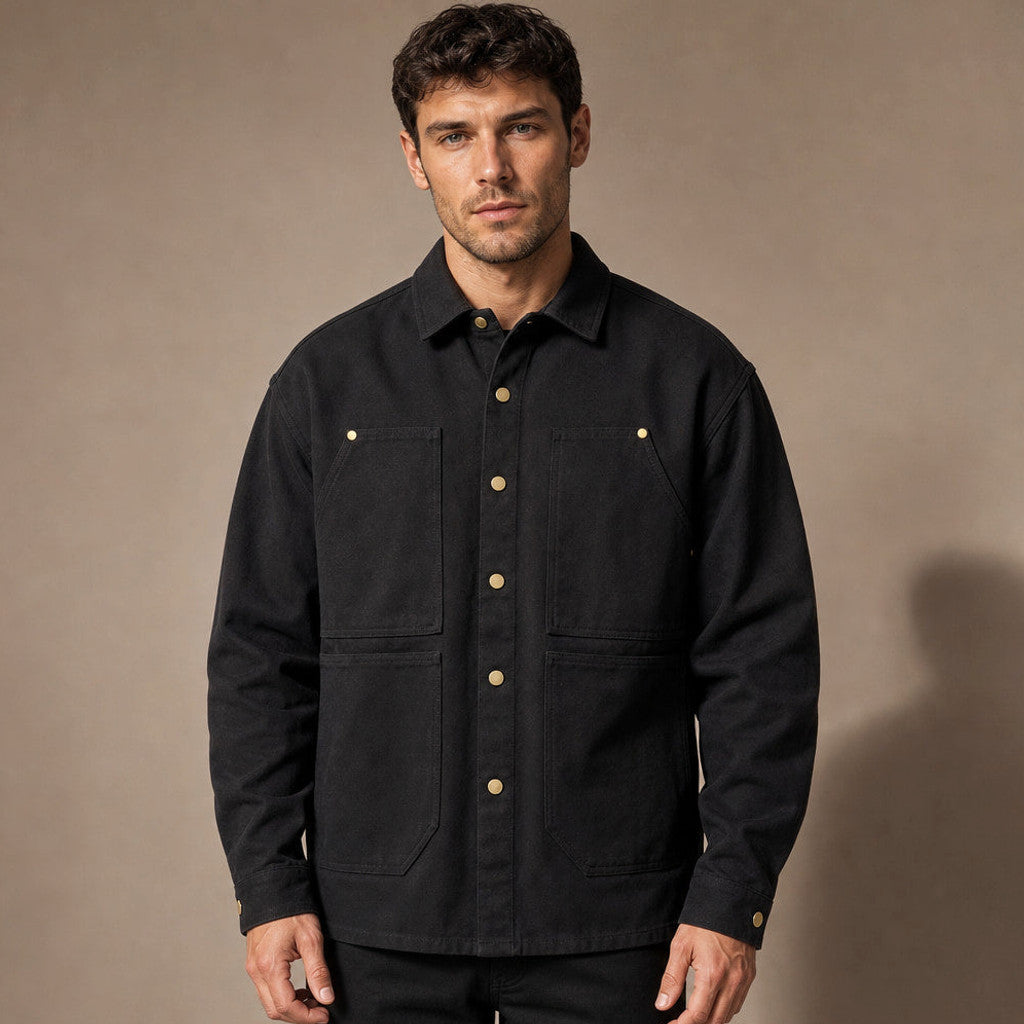 Black heavyweight canvas utility shirt with metal snap front and chest pockets