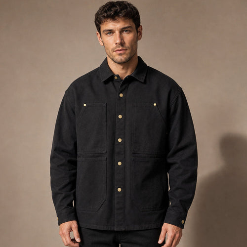 Black heavyweight canvas utility shirt with metal snap front and chest pockets
