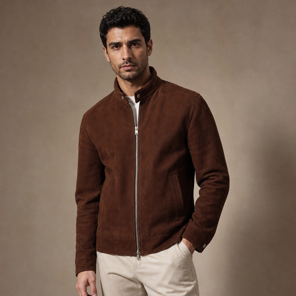Dark brown suede bomber jacket with snap-button banded collar, front view