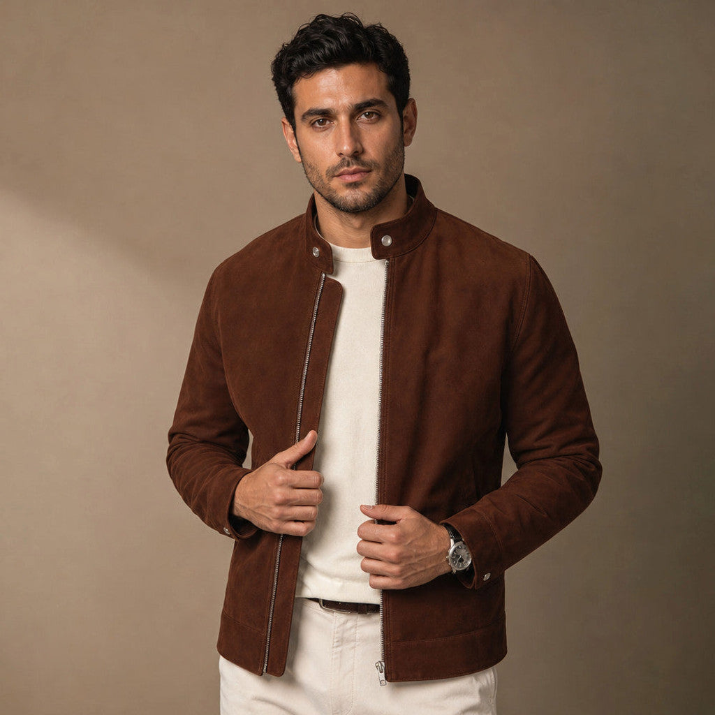 Man wearing a dark brown suede bomber jacket over a tee with dark denim