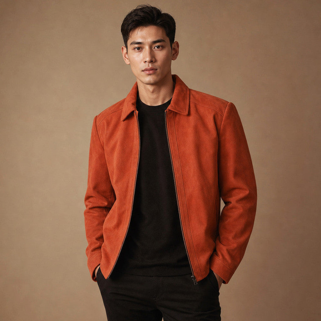 Orange suede trucker jacket with shirt collar and full-length zip