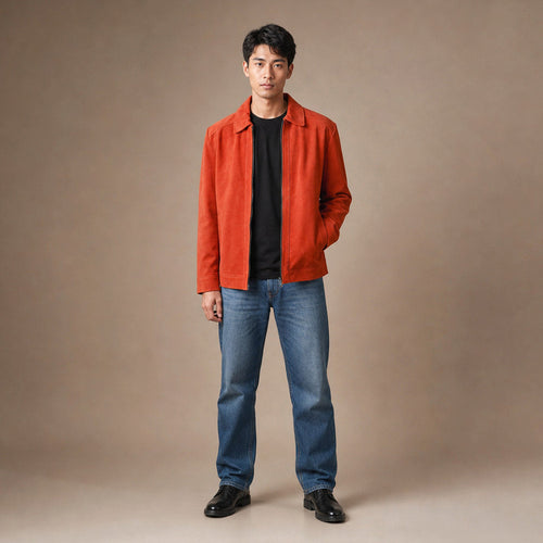 Man wearing orange suede trucker jacket with dark denim