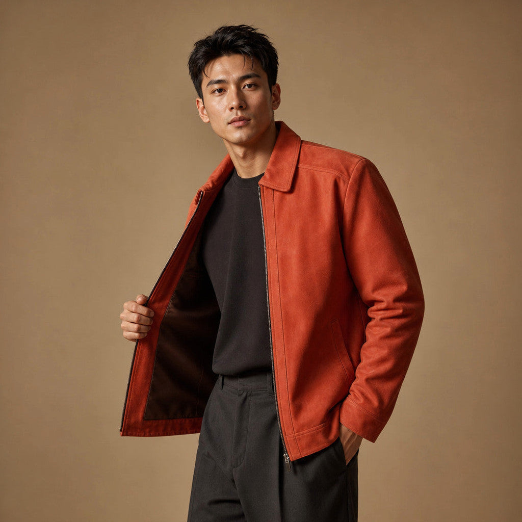 Artemas | Trucker Jacket Suede Zip Front Orange