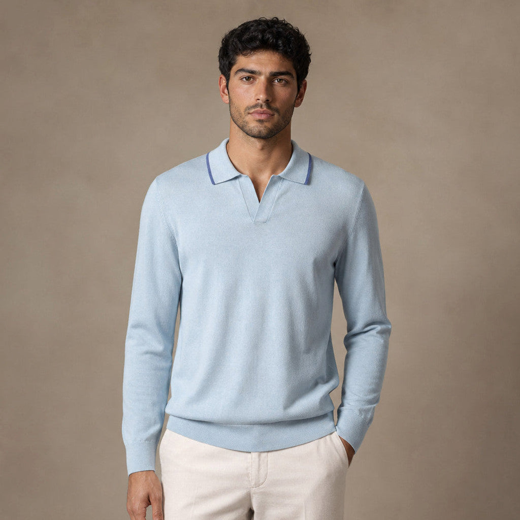 Powder blue fine-gauge knit long sleeve polo with tipped open collar