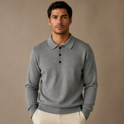 Fine-gauge cotton knit polo shirt with three-button placket, front view