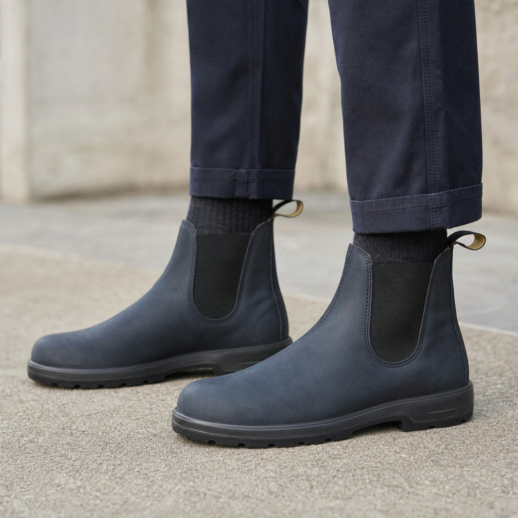 Blue leather Chelsea boot with elastic gore side panel and stacked sole