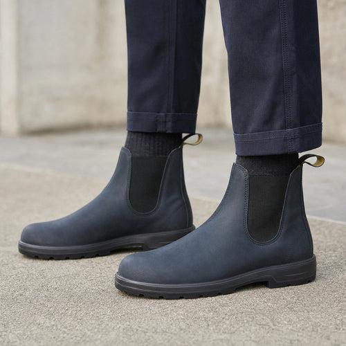 Blue leather Chelsea boot with elastic gore side panel and stacked sole