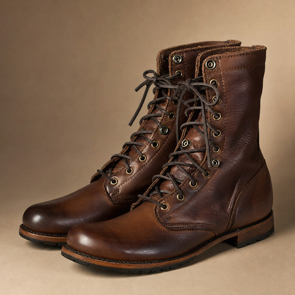 Dark brown leather dealer boots with full lace-up front and low rubber sole