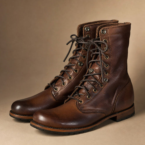 Dark brown leather dealer boots with full lace-up front and low rubber sole
