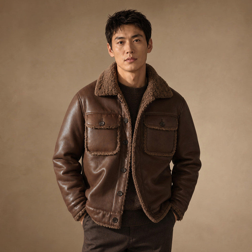 Brown vegan leather jacket with full fleece lining, front zip closed
