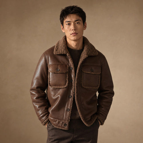 Brown vegan leather jacket with full fleece lining, front zip closed