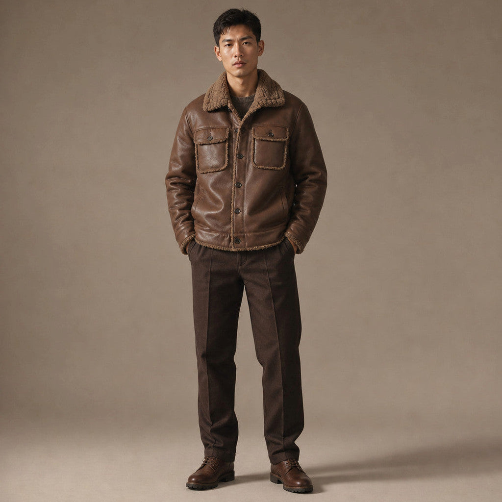 Man wearing brown fleece lined vegan leather jacket over a knit crewneck