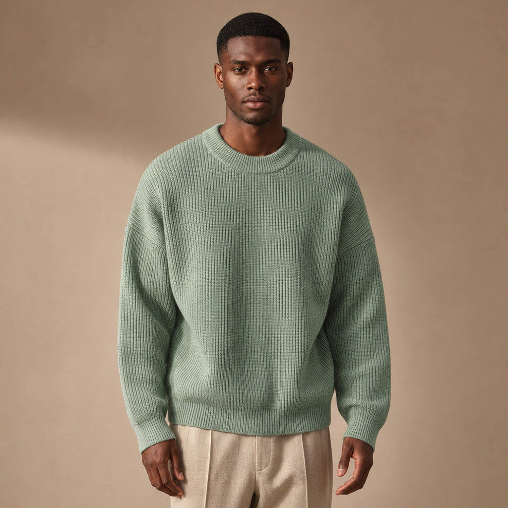 Light green ribbed crewneck knit top with drop shoulder seams