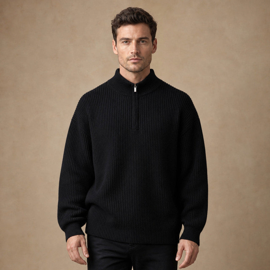 Black ribbed quarter zip jumper with stand collar, front view