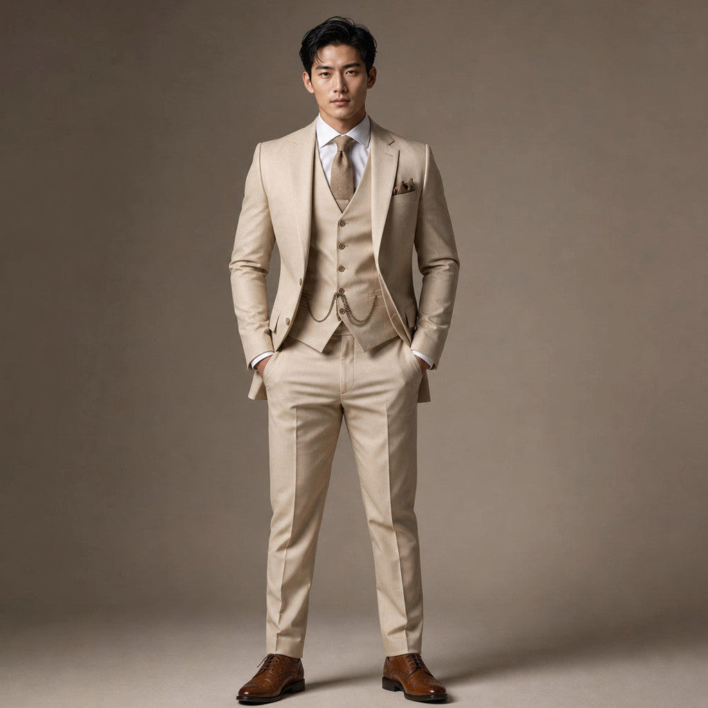 Beige three piece suit with peak lapels and five-button waistcoat