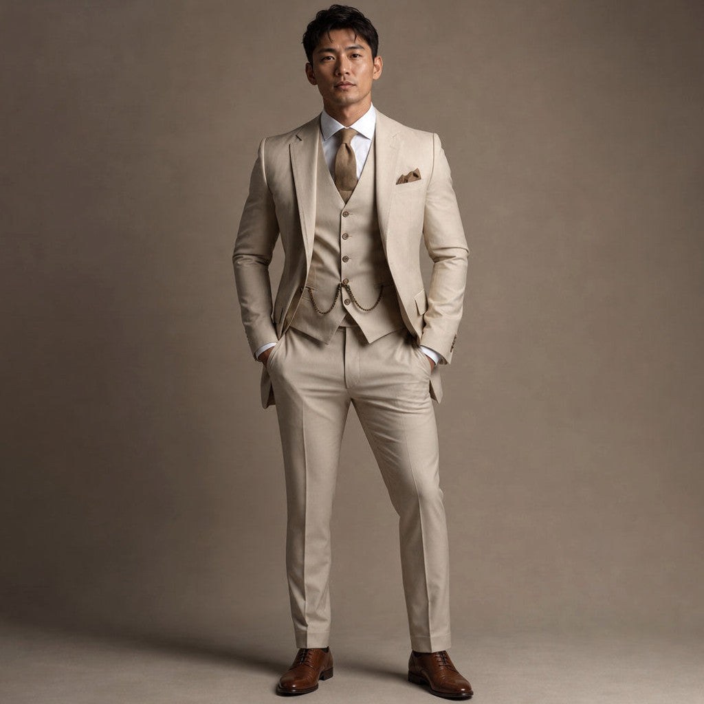Man wearing beige slim fit three piece suit with matching waistcoat