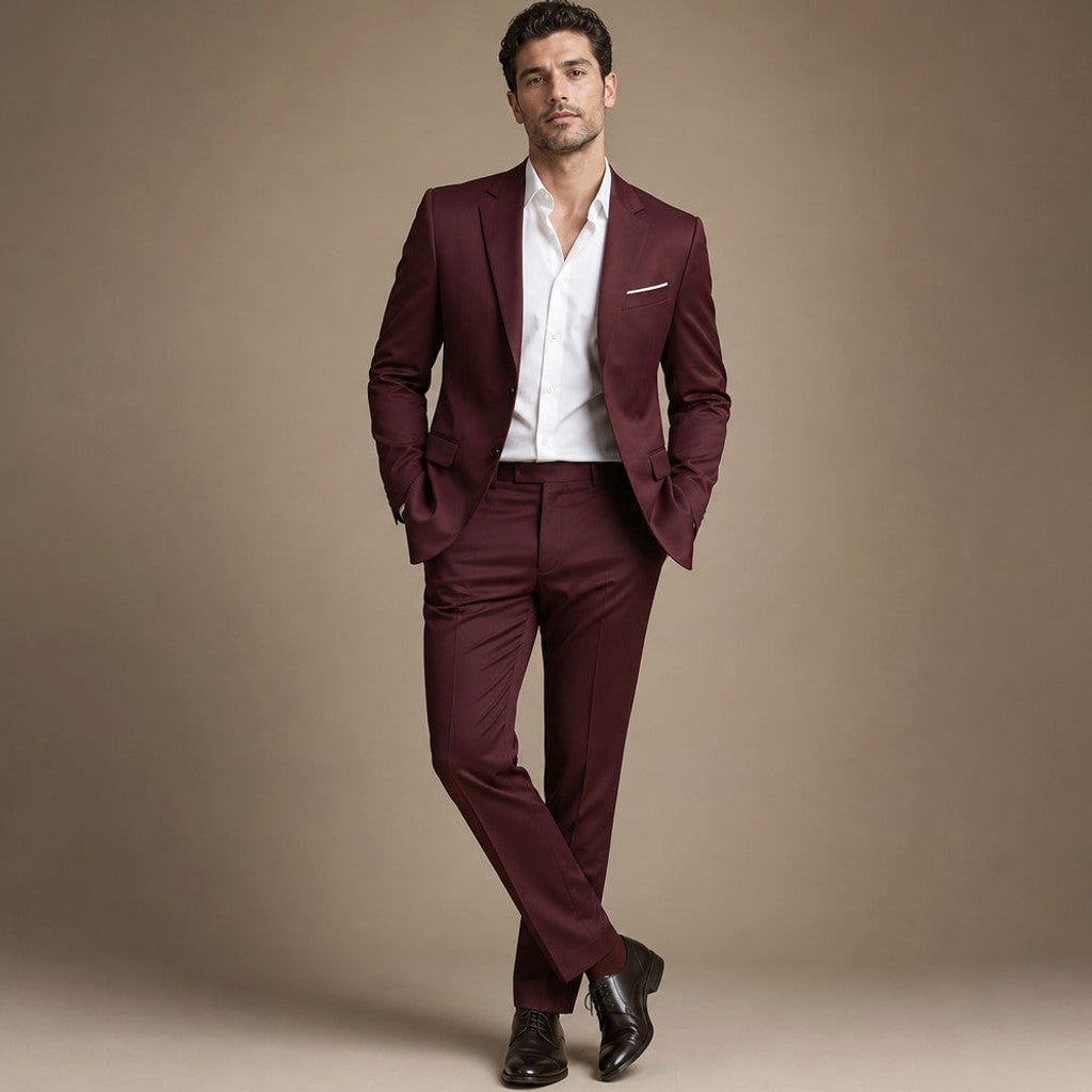 Man wearing burgundy notch-lapel suit with white shirt