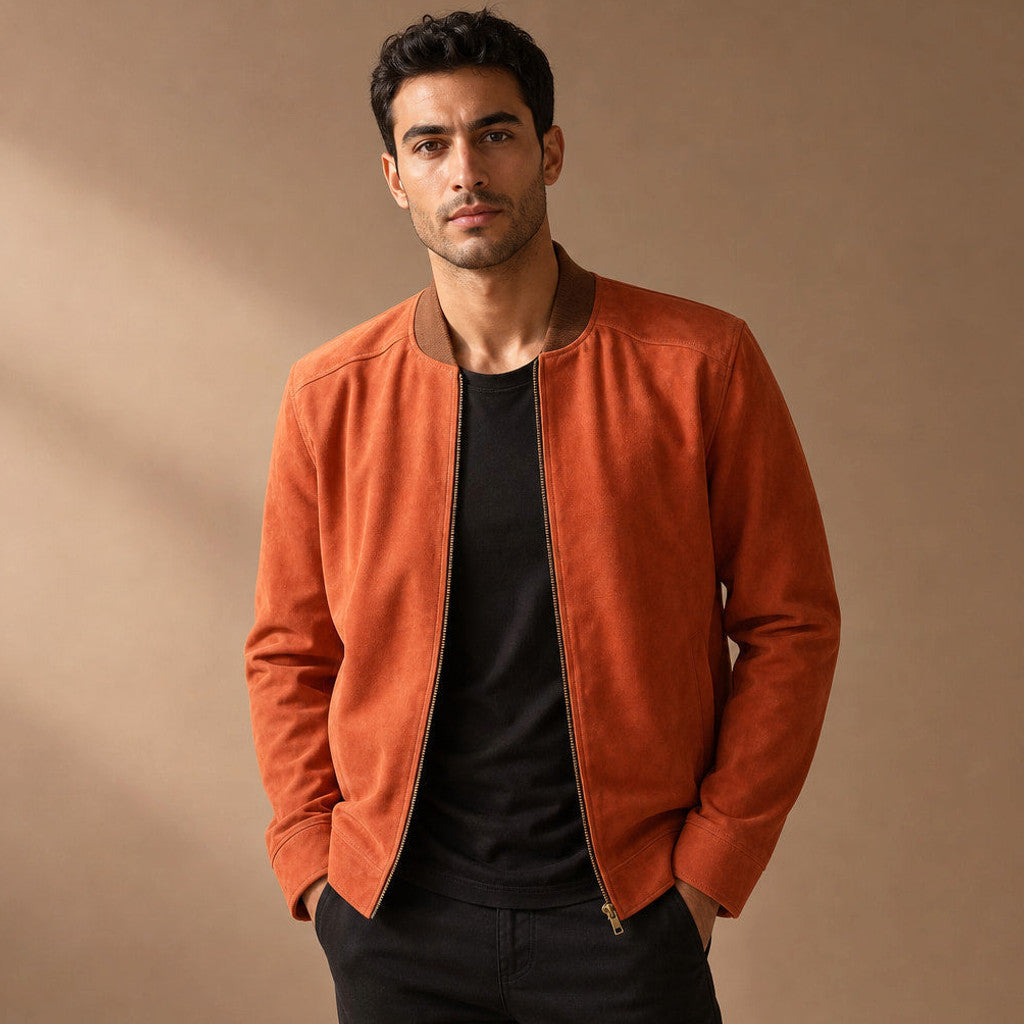 Orange suede bomber jacket with ribbed stand collar and front zip