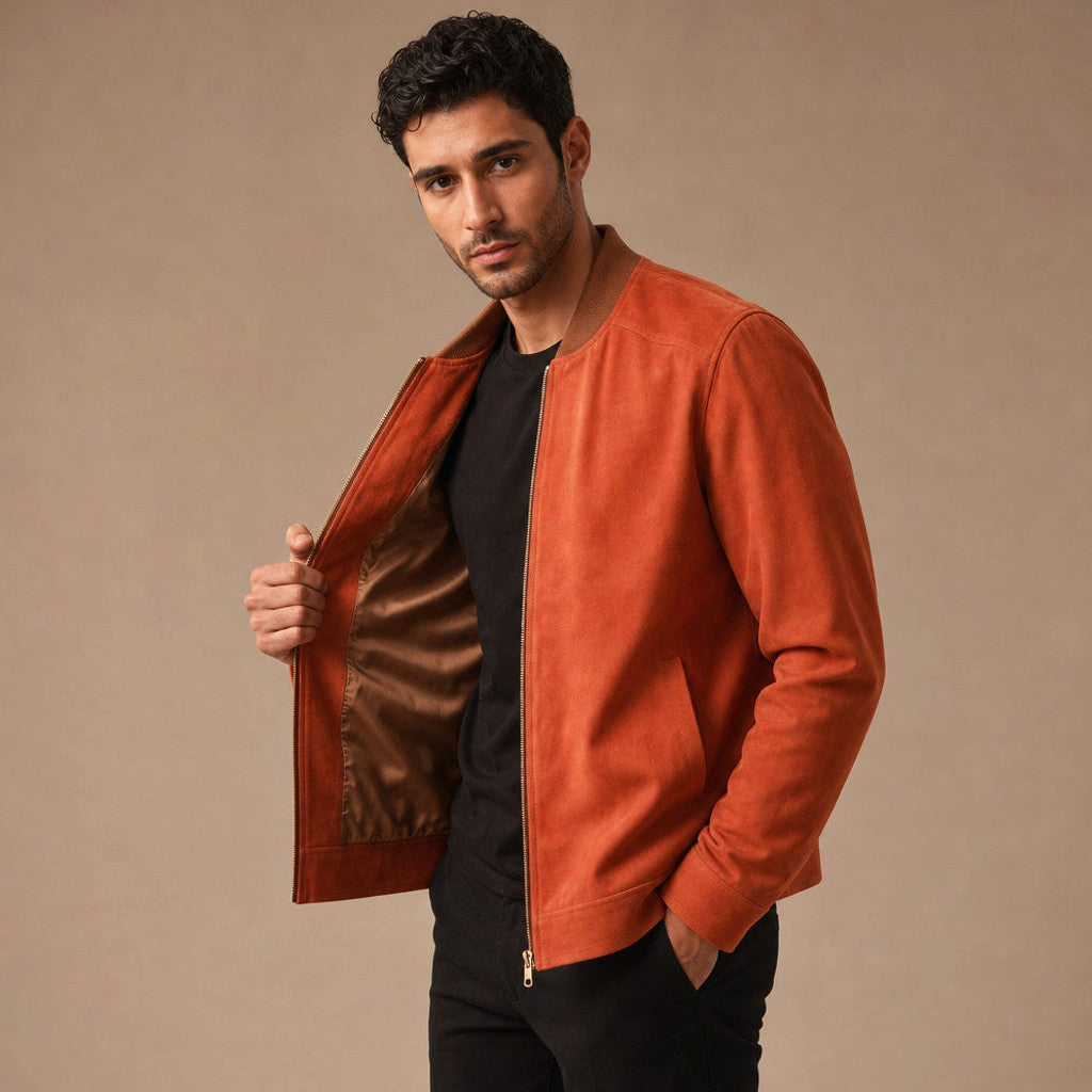 Buckley | Suede Bomber Jacket Ribbed Collar Orange