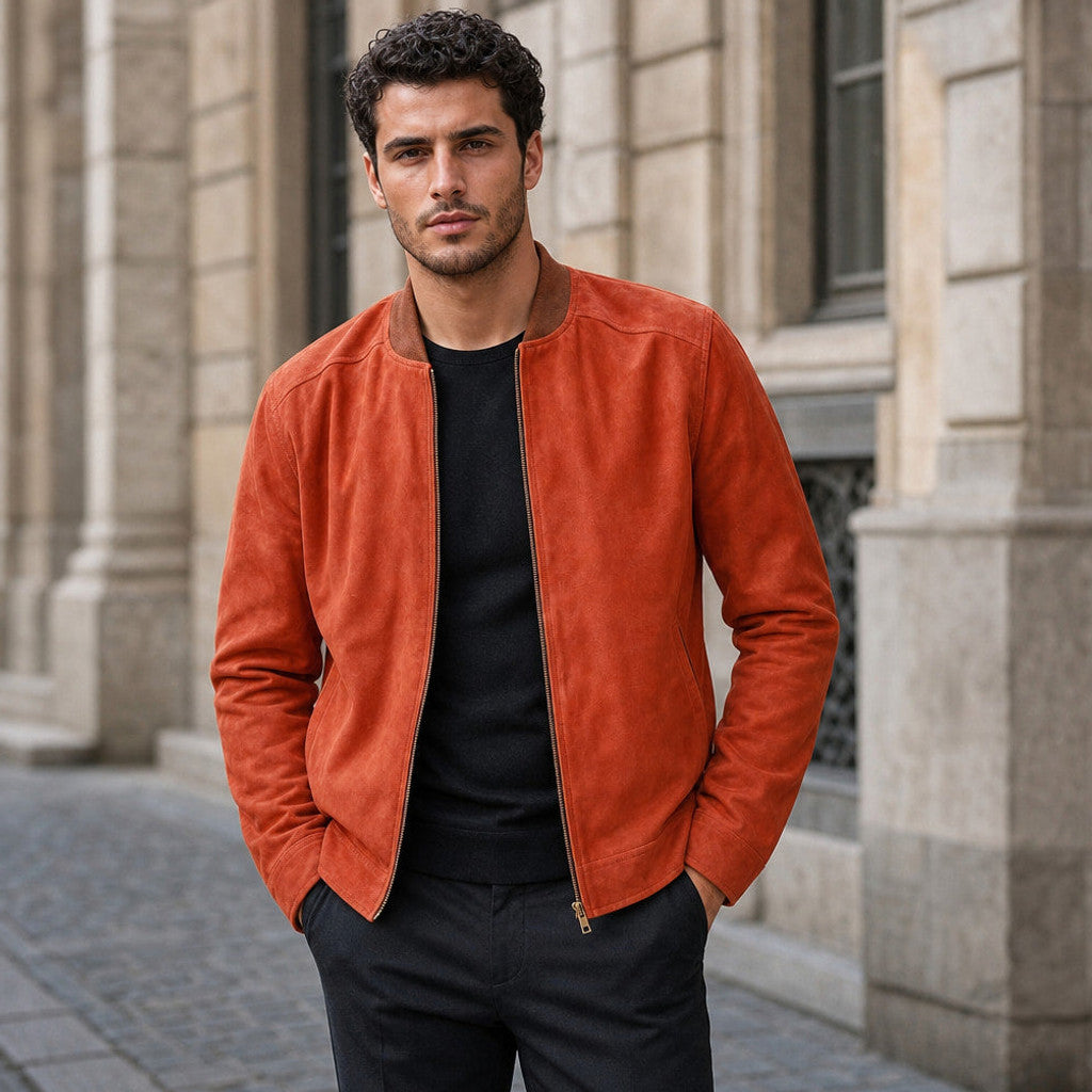 Buckley | Suede Bomber Jacket Ribbed Collar Orange