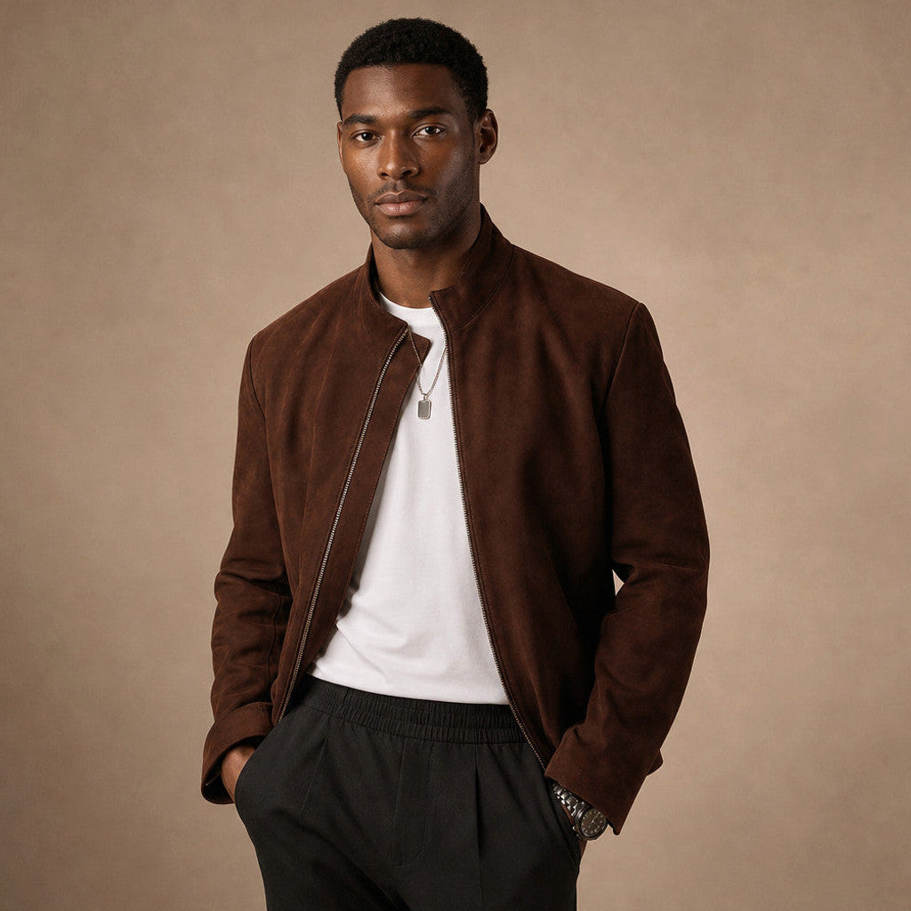 Dark brown suede biker jacket with mandarin collar and dual-puller zip