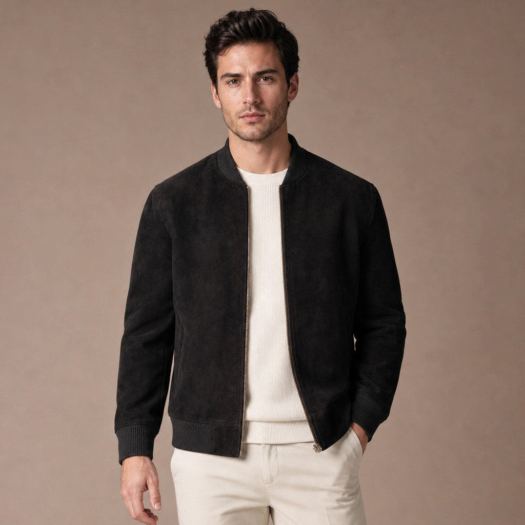 Black suede bomber jacket with rib-knit collar and full zip front