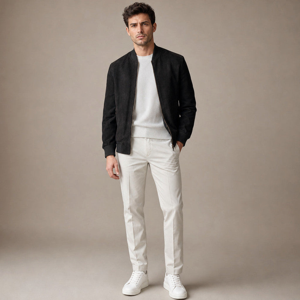 Byram | Suede Bomber Jacket Rib-Knit Collar