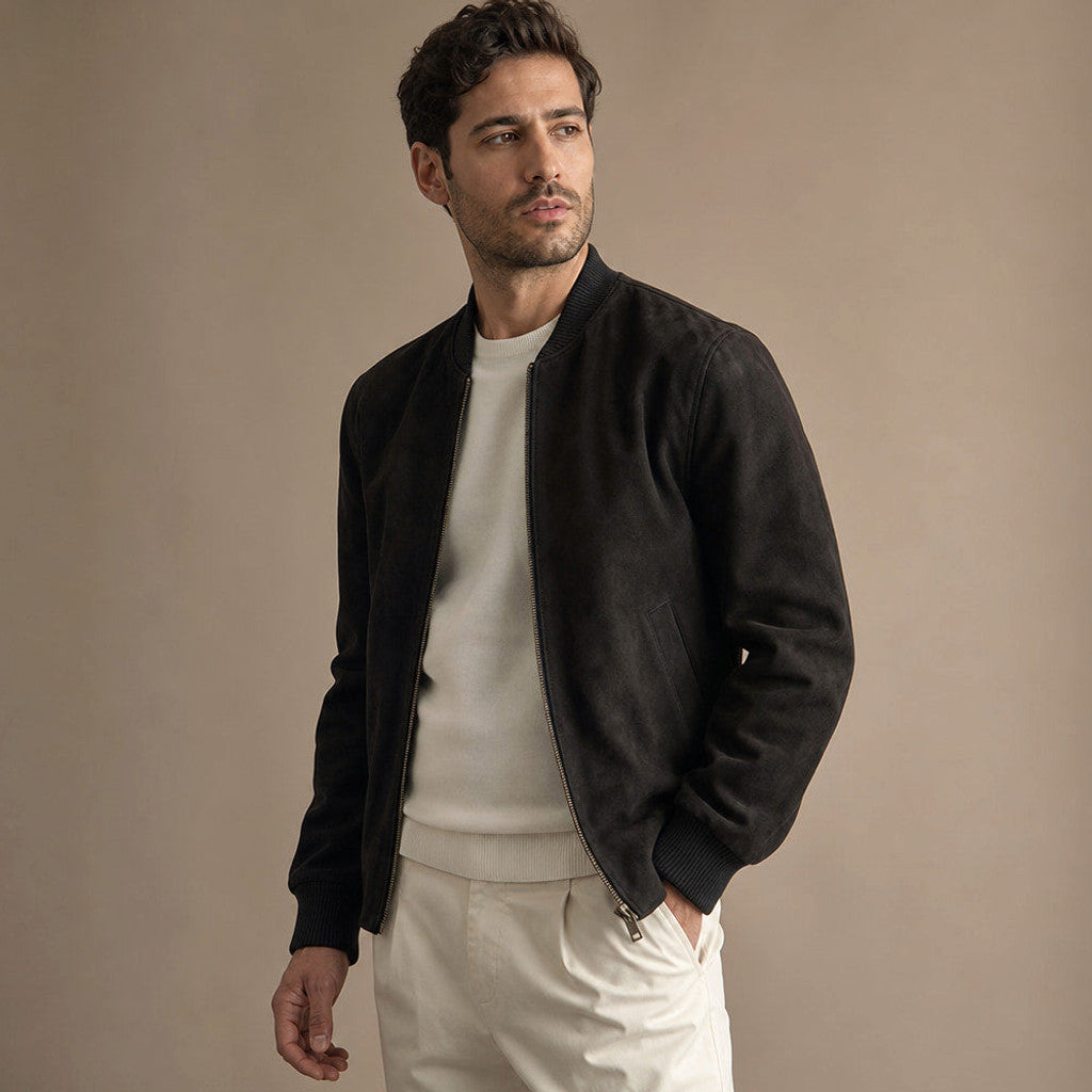 Byram | Suede Bomber Jacket Rib-Knit Collar