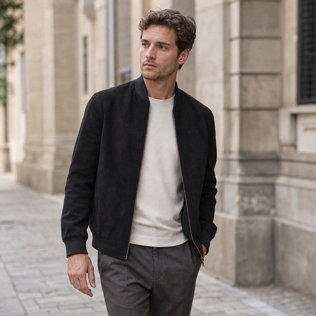 Byram | Suede Bomber Jacket Rib-Knit Collar
