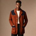 Rust brown suede blazer with cotton contrast patches at the shoulders and pockets