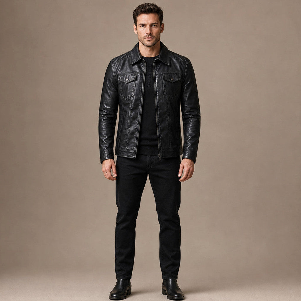 Black leather-look moto jacket with asymmetric zip and stand collar