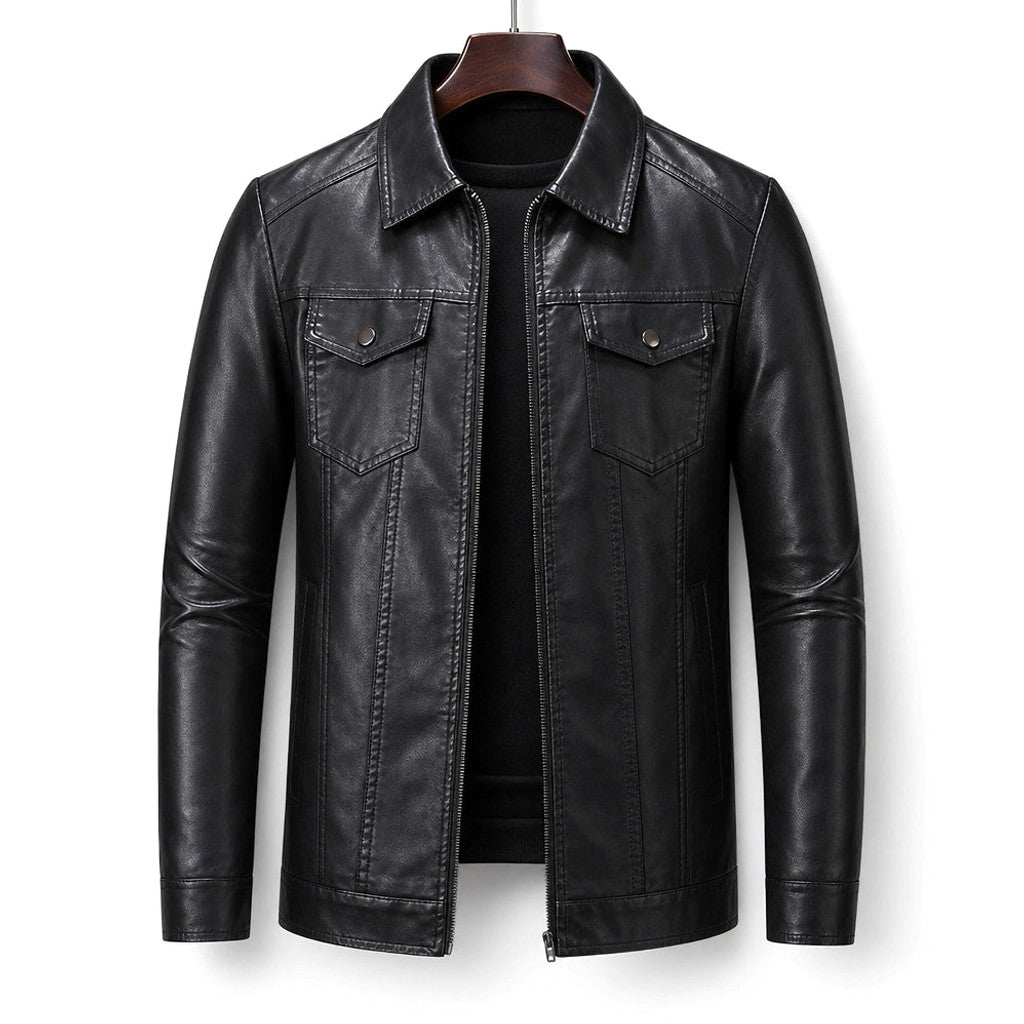 Man wearing a slim-fit black moto jacket with dark denim