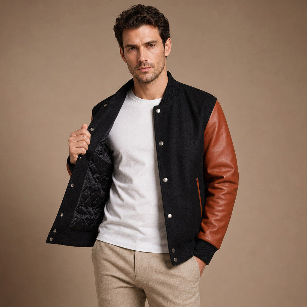 Man wearing wool and leather varsity jacket with ribbed collar and hem